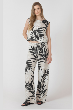 Black Tape Wide Legged Drawstring Trouser Abstract Leaf