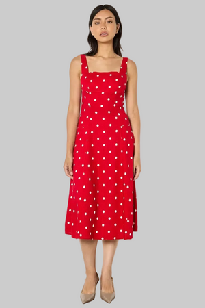 Apricot Polkadot Square Neck Midi Dress Red