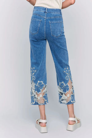 Charlie B Lace Side Cut Flare Leg Pant Medium Blue