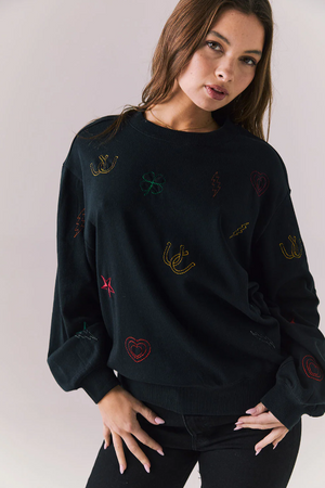 Chaser Allover Icons Long Sleeve – Graphic Black Top with Icon Prints