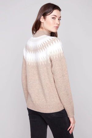 Charlie B Jacquard Mock Neck Raglan Sweater Beige