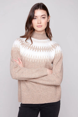 Charlie B Jacquard Mock Neck Raglan Sweater Beige