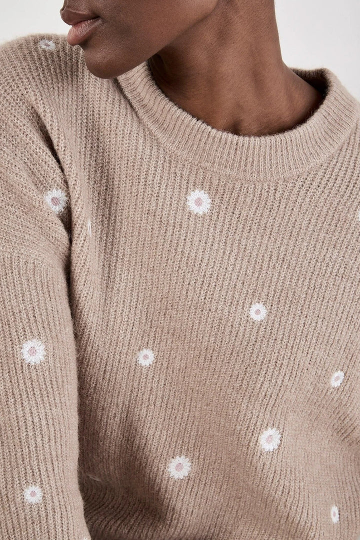 Apricot Daisy Embroidered Ribbed Jumper Stone