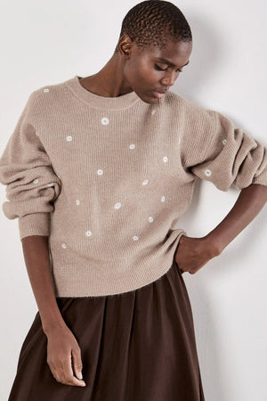 Apricot Daisy Embroidered Ribbed Jumper Stone