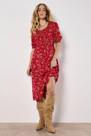 Apricot Swirly Ditsy Milkmaid Midi Dress Red