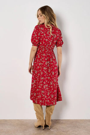 Apricot Swirly Ditsy Milkmaid Midi Dress Red