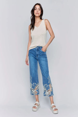 Charlie B Lace Side Cut Flare Leg Pant Medium Blue