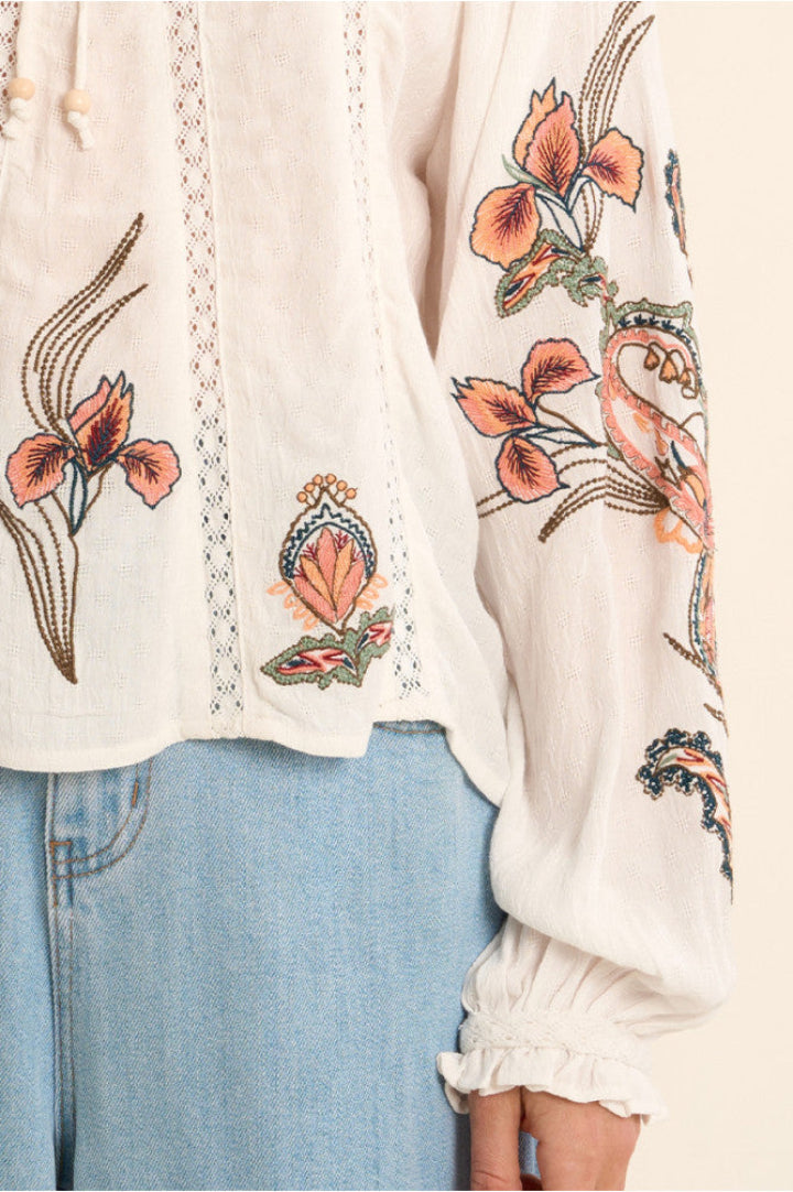 Molly Bracken Woven Blouse Off White Embroidered