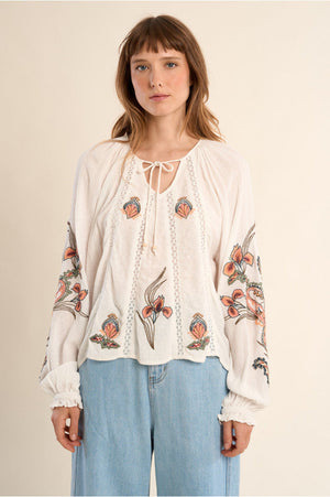 Molly Bracken Woven Blouse Off White Embroidered