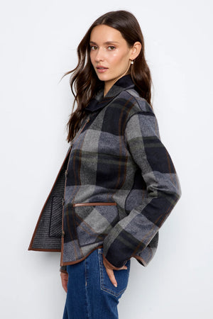 Charlie B Reversible Plaid Jacket W Leather Binding Navy