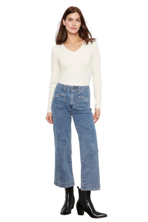 Charlie B Cropped Wide Leg Stretch Denim Patch Pockets Medium Blue