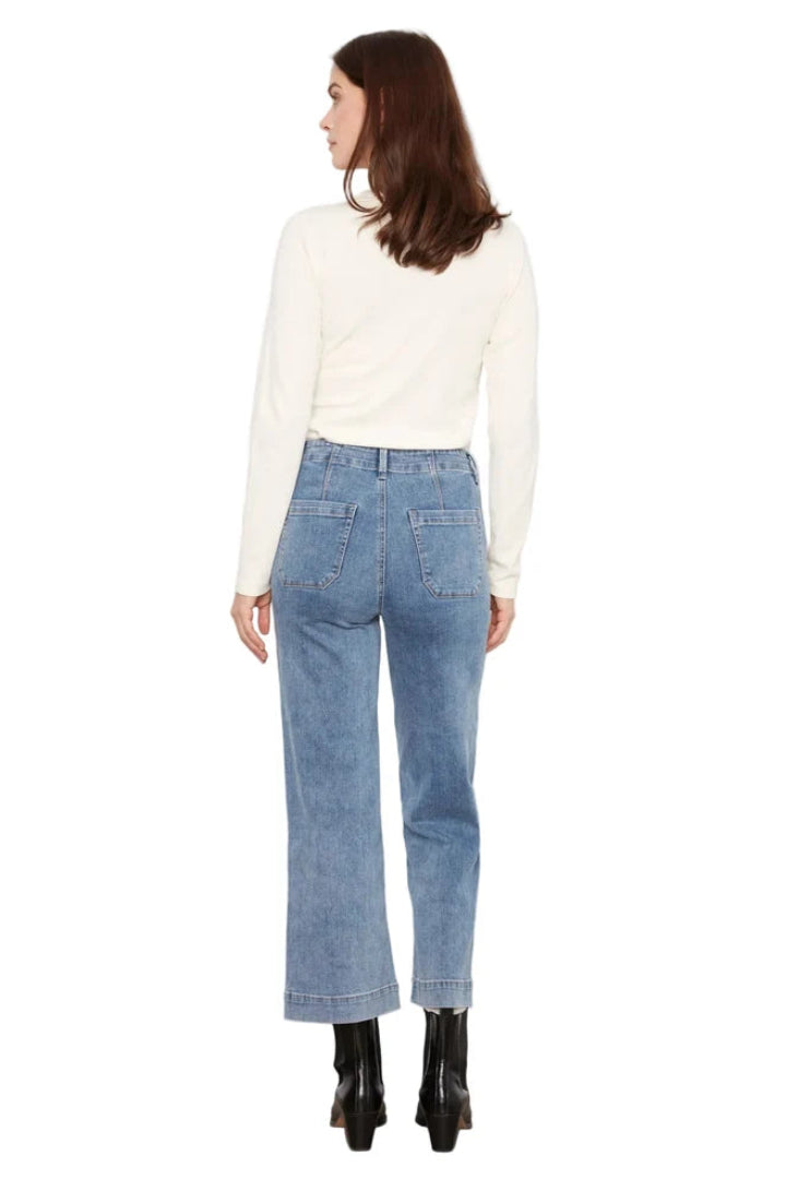 Charlie B Cropped Wide Leg Stretch Denim Patch Pockets Medium Blue