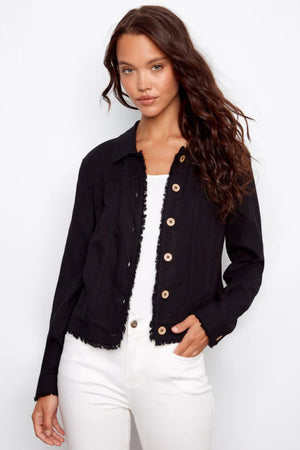 Charlie B Linen Jacket Frayed Hem Black