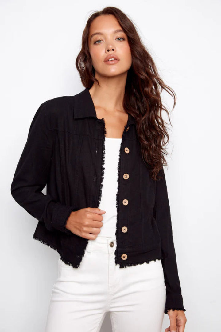 Charlie B Linen Jacket Frayed Hem Black