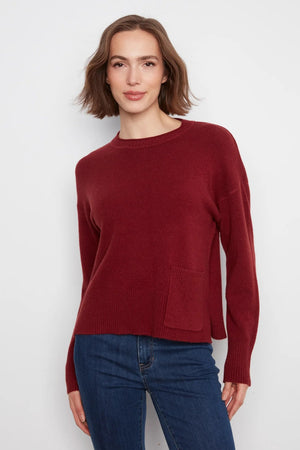 Charlie B Crew Neck Cropped Pocket Sweater Merlot