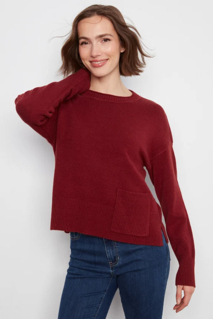 Charlie B Crew Neck Cropped Pocket Sweater Merlot