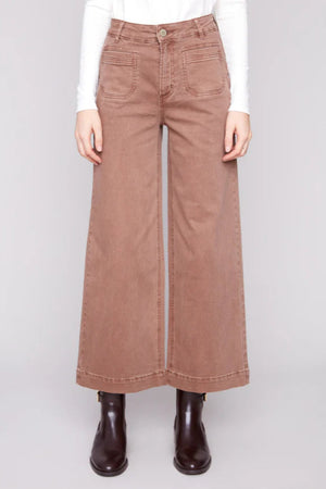 Charlie B Cropped Patch Pocket Flare Colored Twill Pants Truffle