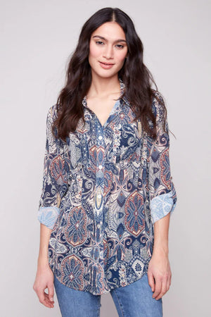 Charlie B Long Sleeve Button Up Blouse Front Tie Jolly