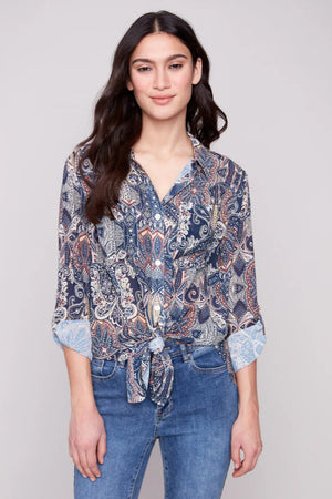 Charlie B Long Sleeve Button Up Blouse Front Tie Jolly
