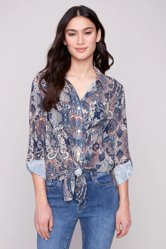 Charlie B Long Sleeve Button Up Blouse Front Tie Jolly
