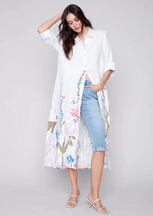 Charlie B Printed Roll Up Sleeves Button Front Duster Pastel