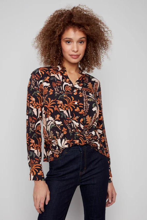 Charlie B Long Sleeve Shirt Twisted Front Buttons Batik