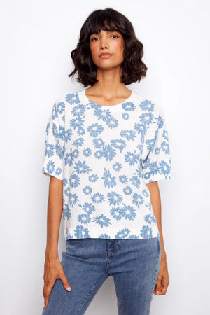 Charlie B Reversible Printed Short Sleeve Crew Neck Sweater Petals