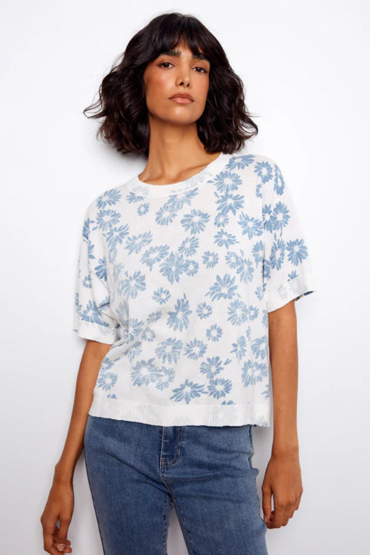 Charlie B Reversible Printed Short Sleeve Crew Neck Sweater Petals