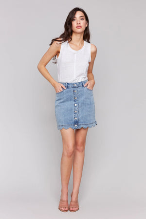 Charlie B Scalloped Hem Button-Front Denim Skort Lt Blue