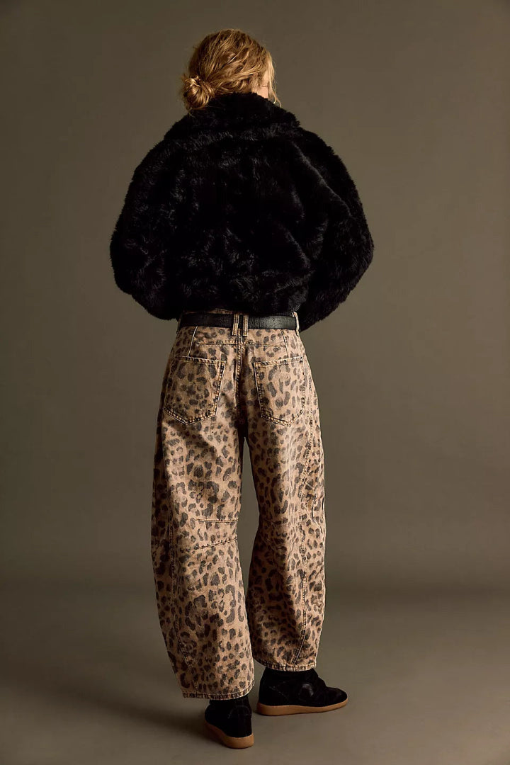 Free People Good Luck Printed Barrel Jeans Brown Sugar Combo