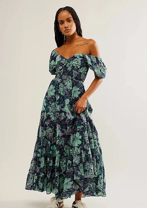 Free People Sundrenched Maxi Dress Emerald Combo