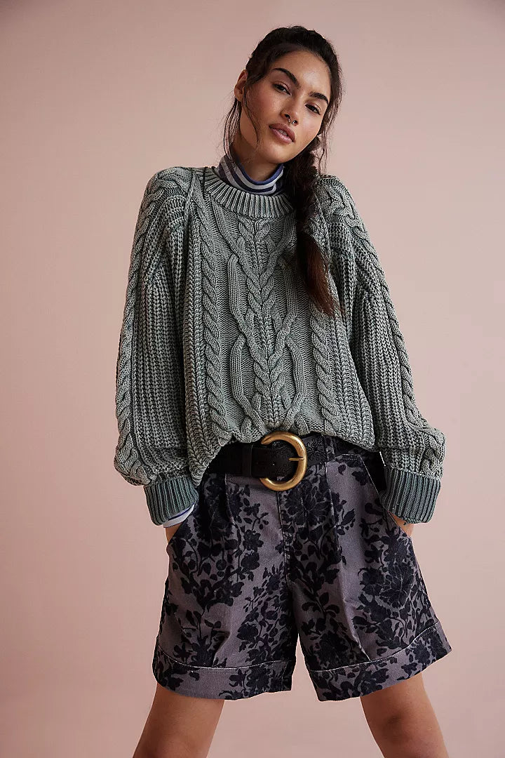 Free People Frankie Cable Sweater Sea Spray