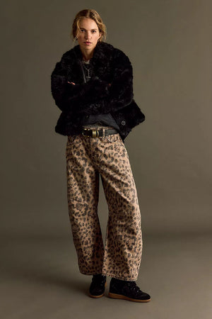 Free People Good Luck Printed Barrel Jeans Brown Sugar Combo