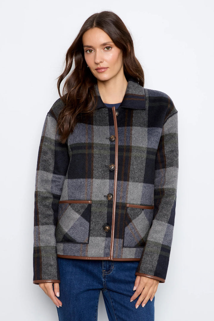 Charlie B Reversible Plaid Jacket W Leather Binding Navy