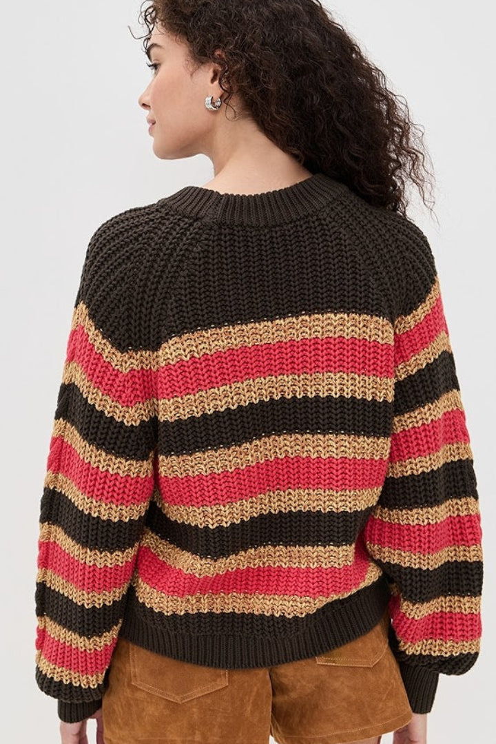 Free People Frankie Cable Stripe Sweater Chocolate Combo