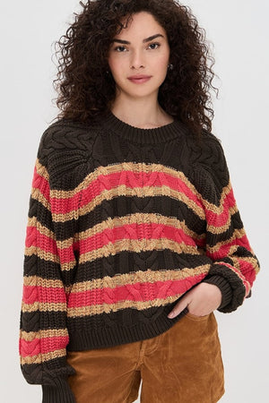 Free People Frankie Cable Stripe Sweater Chocolate Combo