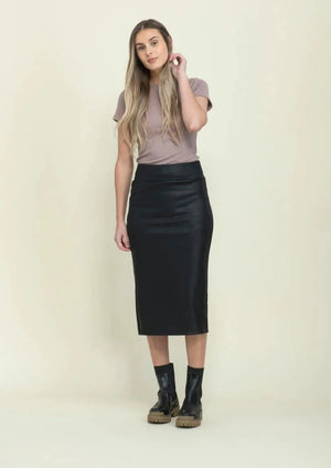 Orb Erin Midi Skirt Black Faux Leather