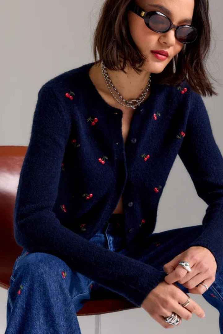 Daze Muse Embroidered Fitted Cardigan Cherry