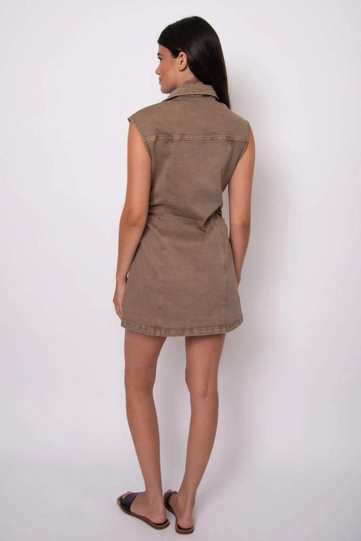 RD Style Jess Stretch Twill Button Up Mini Dress Sand