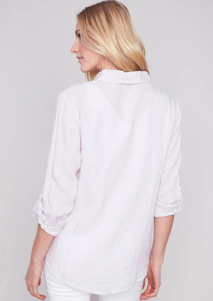 Charlie B Solid Button Front Shirt Lavender