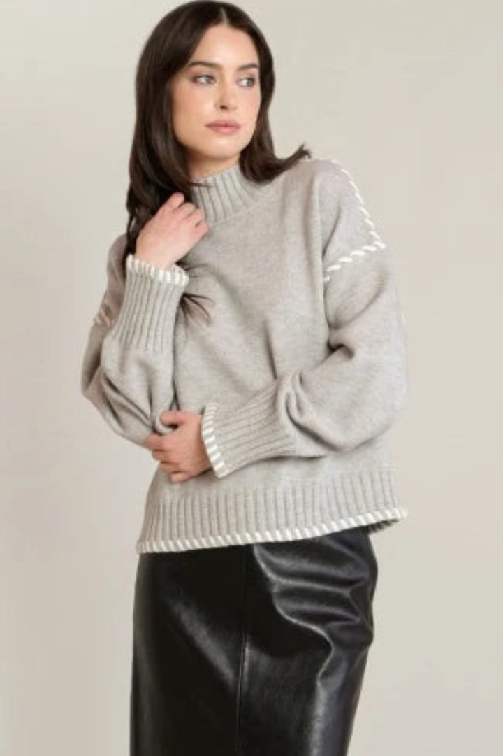 Room 34 Stitch Turtleneck Sweater Light Grey Melange