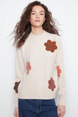 Charlie B Drop Shoulder Flower Applique Sweater Almond