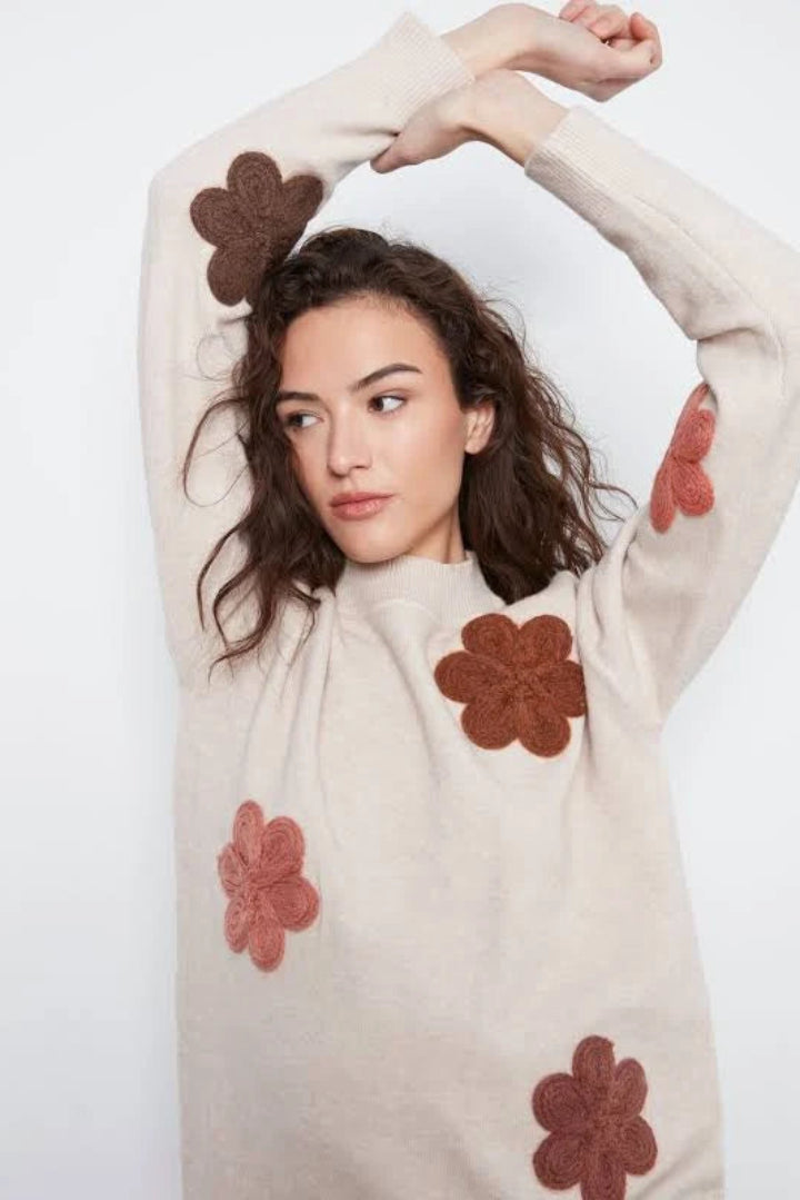 Charlie B Drop Shoulder Flower Applique Sweater Almond