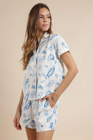 Sage the Label Citrus Splash Button Up Printed Shirt Ivory Blue