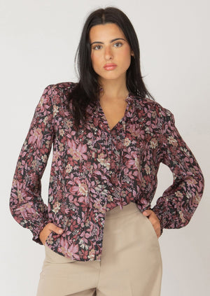 Black Tape Ruffle Detail Tie Front Blouse Black/Pink Gold Print