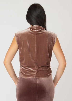 Black Tape Ruched Mock Neck Velvet Top Chestnut