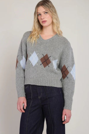 Room 34 Argyle Sweater Medium Grey Mix
