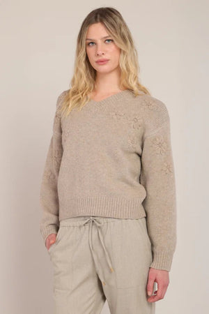 Room 34 Flower Embroidered Sweater Oatmeal Mix