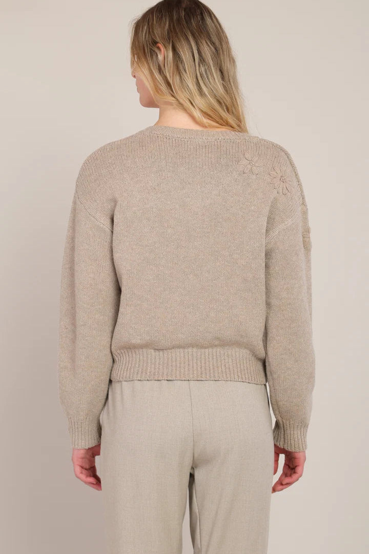 Room 34 Flower Embroidered Sweater Oatmeal Mix