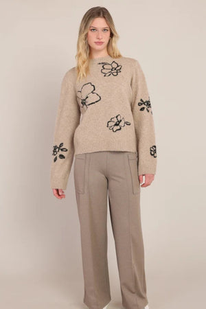 Room 34 Flower Crewneck Sweater Taupe